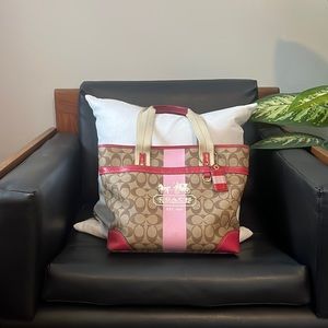 Coach Beige and Pink Canvas Leather Tote. Authentic Coach Heritage Stripe